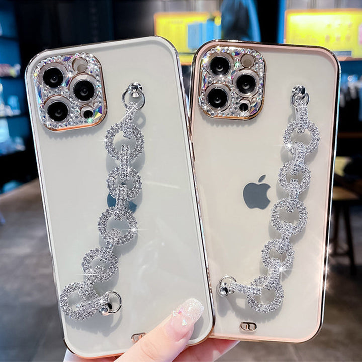 Sparkling rhinestone phone case with integrated bracelet for women, perfect for iPhone