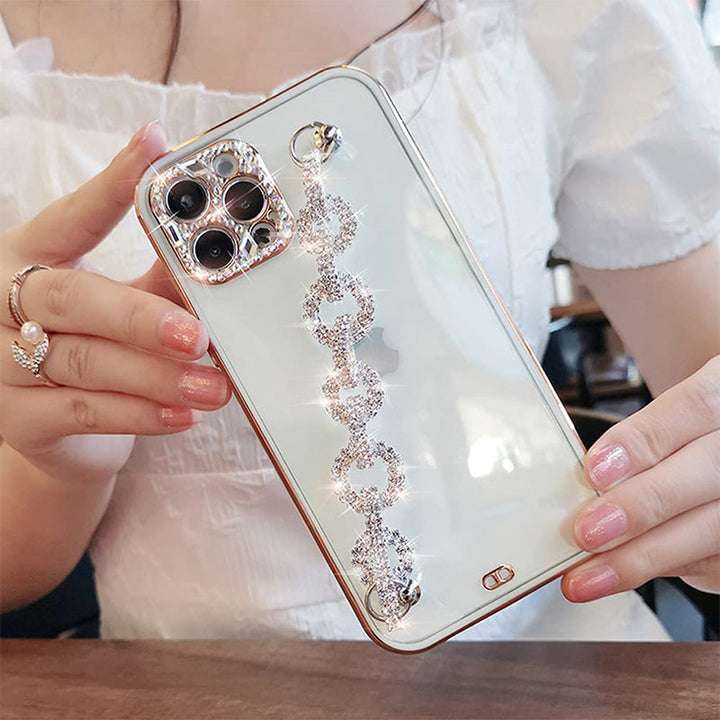 Elegant women's iPhone case featuring a rhinestone bracelet and glitter protective TPU
