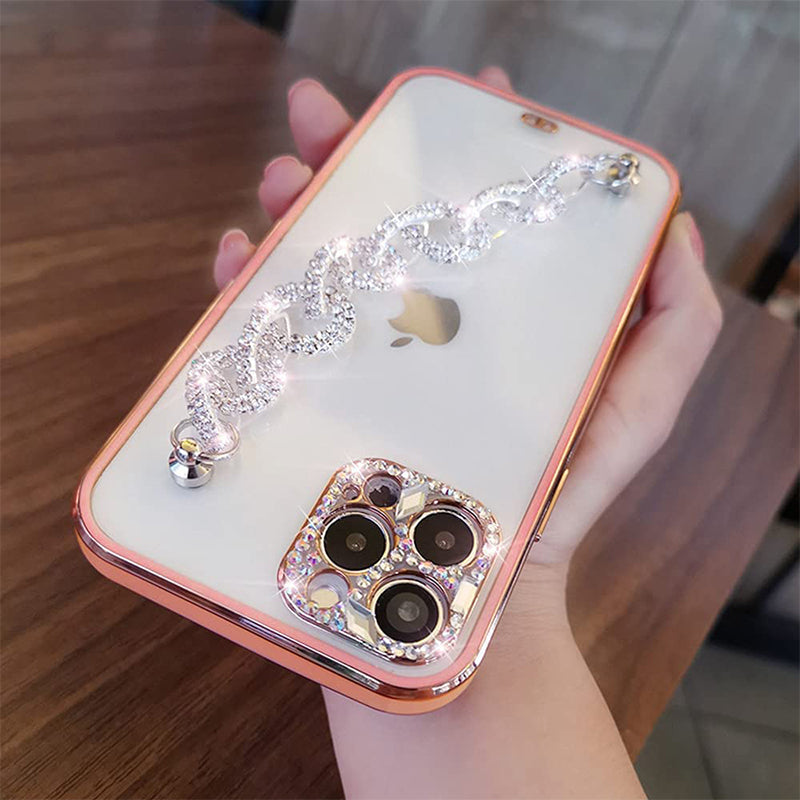 Fashionable women's phone case, embellished with rhinestones, bracelet, and glitter