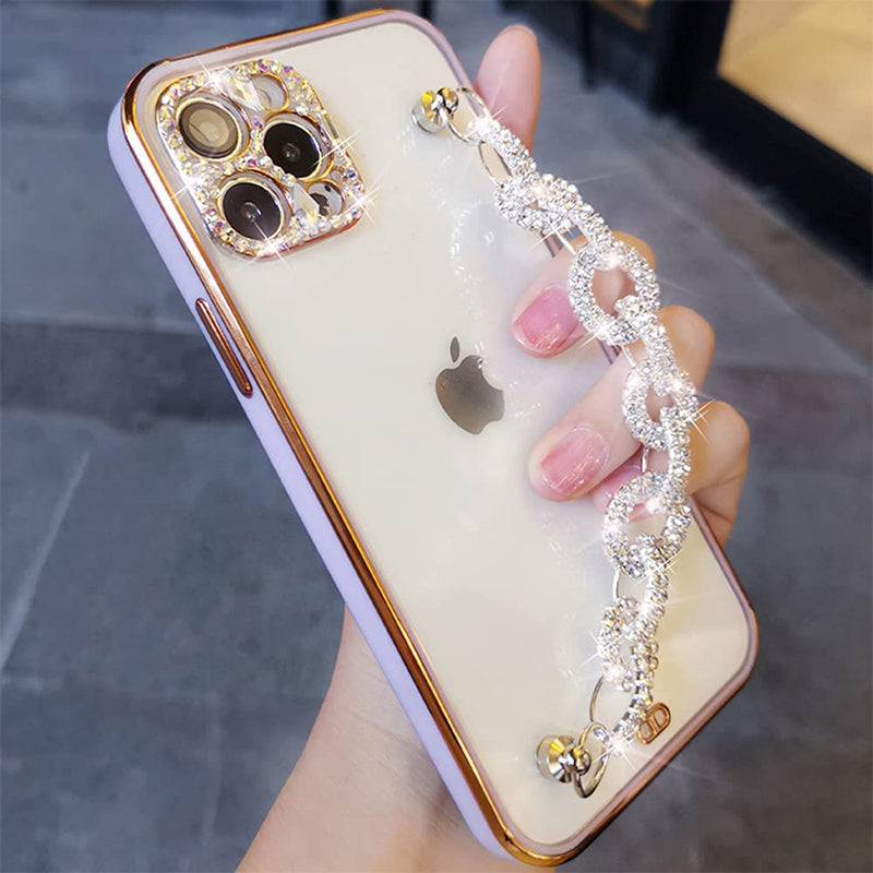 Back view of a sparkly women's phone case with a rhinestone bracelet and TPU protection