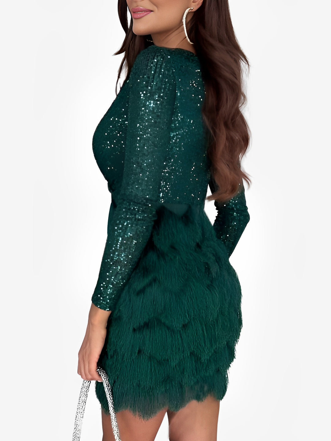 Sparkling long sleeve mini wrap dress with sequin & fringe, ideal for special occasions.