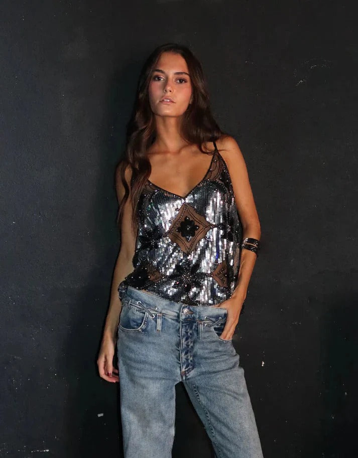 Luxurious women's sheer camisole featuring a V-neck, richly embellished with shimmering beads and sequins.