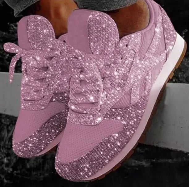 Women's glitter lace-up everyday sneakers. Stylish, comfortable fashion footwear for casual wear.