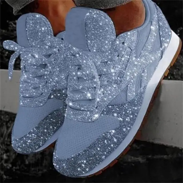 Comfortable women's glitter lace-up everyday sneakers. Stylish casual footwear for daily sparkle.