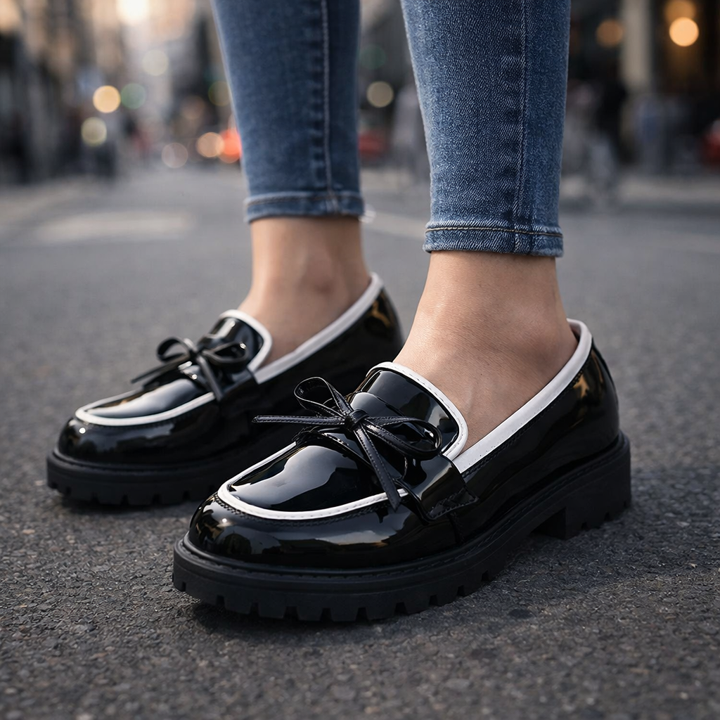 Women's glossy patent penny loafers, elegant slip-on footwear for dress or casual wear