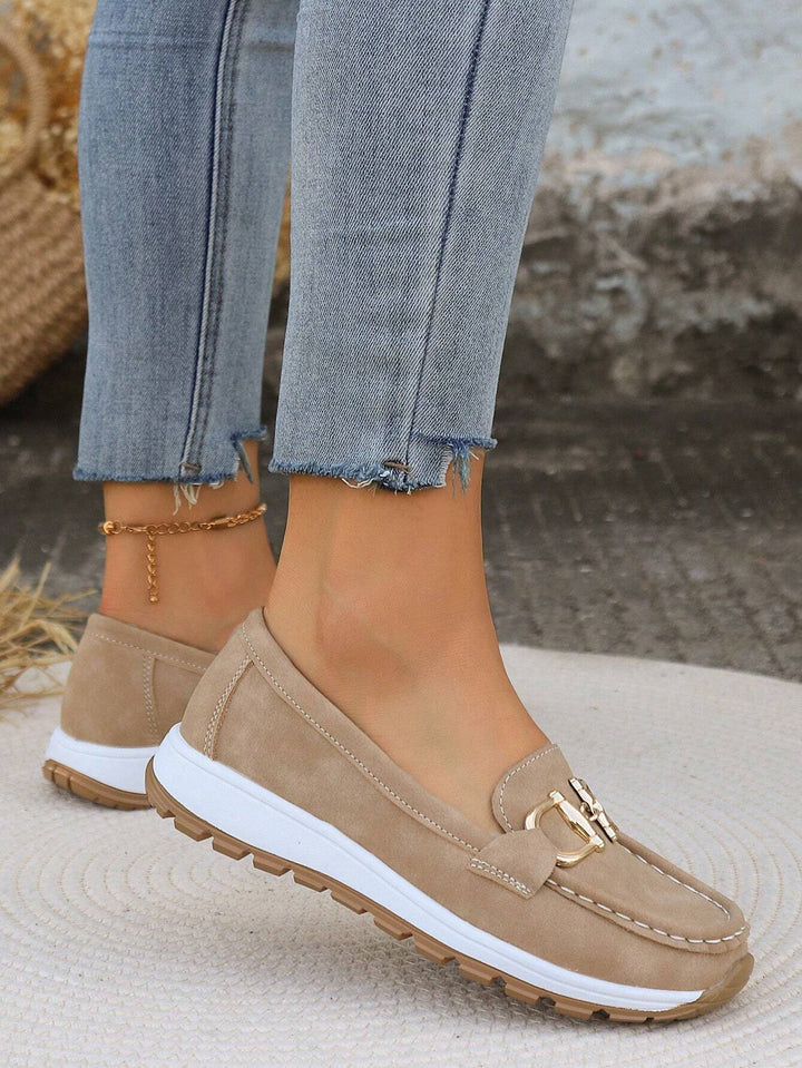 Gray women's gold buckle loafers, ideal comfort footwear for versatile everyday casual looks.
