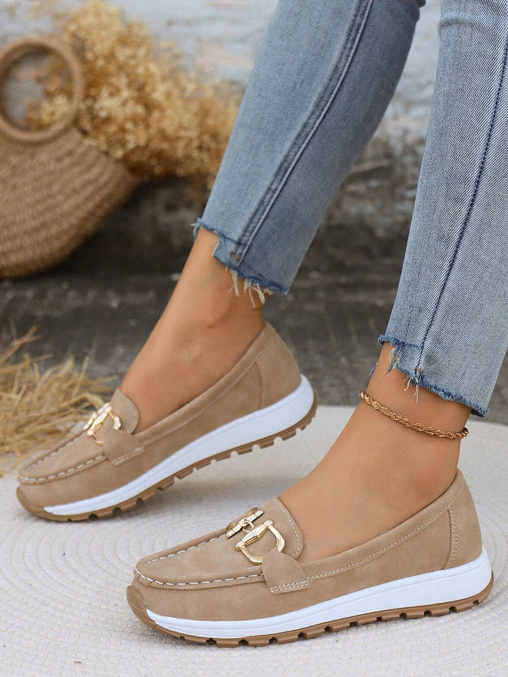 Khaki women's gold buckle flat shoes, offering ultimate comfort for versatile everyday wear.