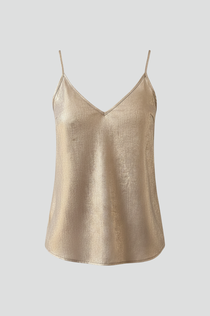 Women's gold V-neck tank top with thin straps, perfect for effortless summer style and casual wear.