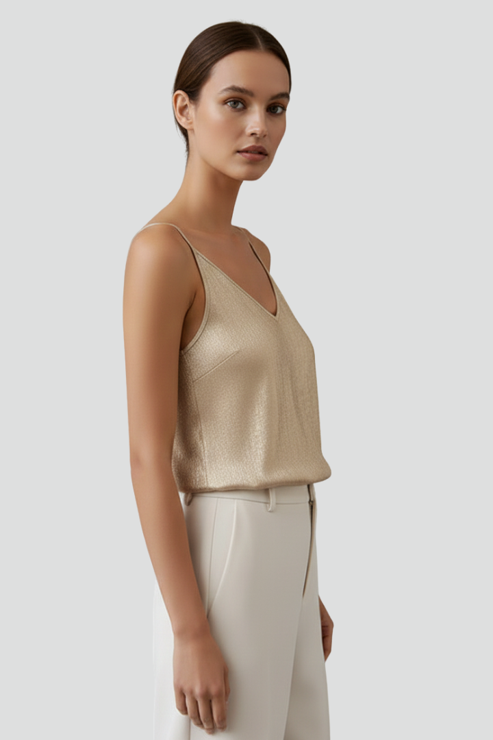 Casual gold women's V-neck tank top, designed with thin straps for ultimate comfort and stylish summer days.