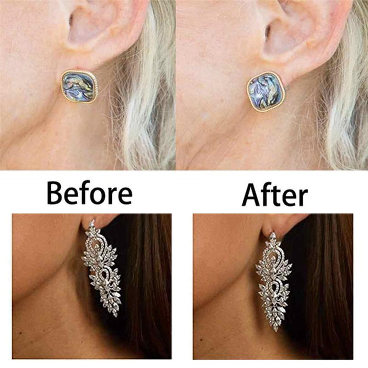 Woman's hand holding a golden earring lifter, showcasing its small size and effective design for support.