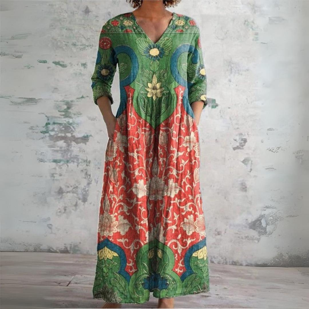 Women's green boho floral V-neck maxi dress with long sleeves, ideal elegant summer or everyday wear.
