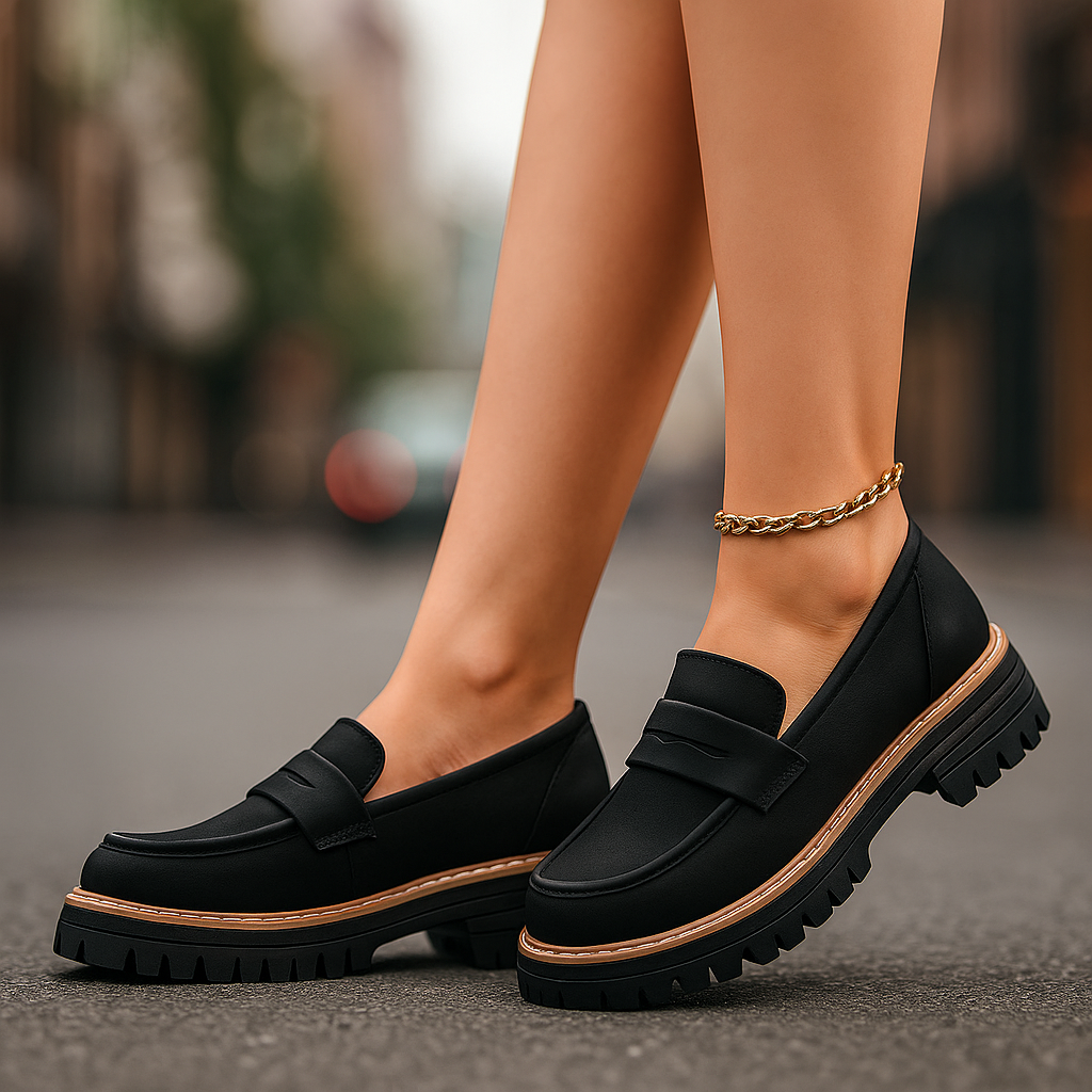 Black orthopedic platform loafers, women's comfortable casual footwear