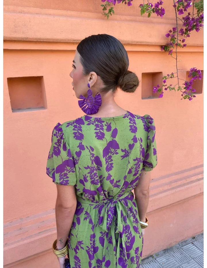 Vibrant green floral print maxi dress for women, designed with a stylish wrap V-neck & comfortable flowy fit.
