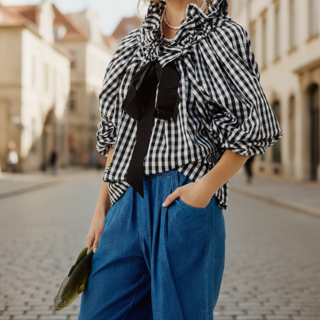 Chic women's striped bow tie blouse with elegant balloon sleeves & delicate ruffles, a sophisticated formal top.