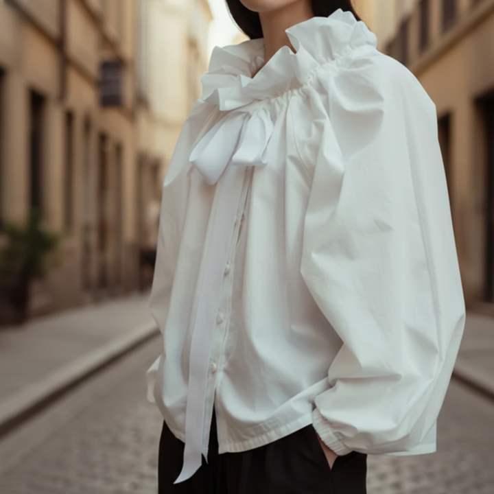 Women's elegant office blouse, black striped, with a fashionable bow tie, ruffle accents, and comfortable long sleeves.