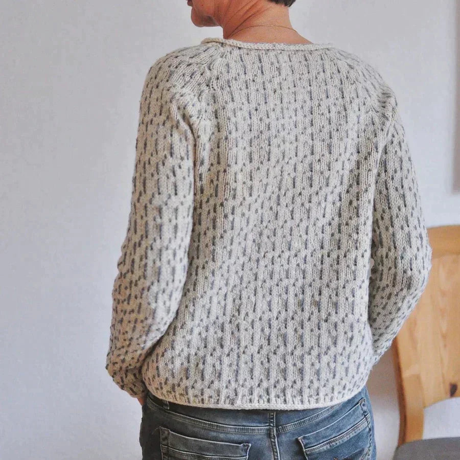 Versatile grey women's knit sweater with flattering boat neck & relaxed fit