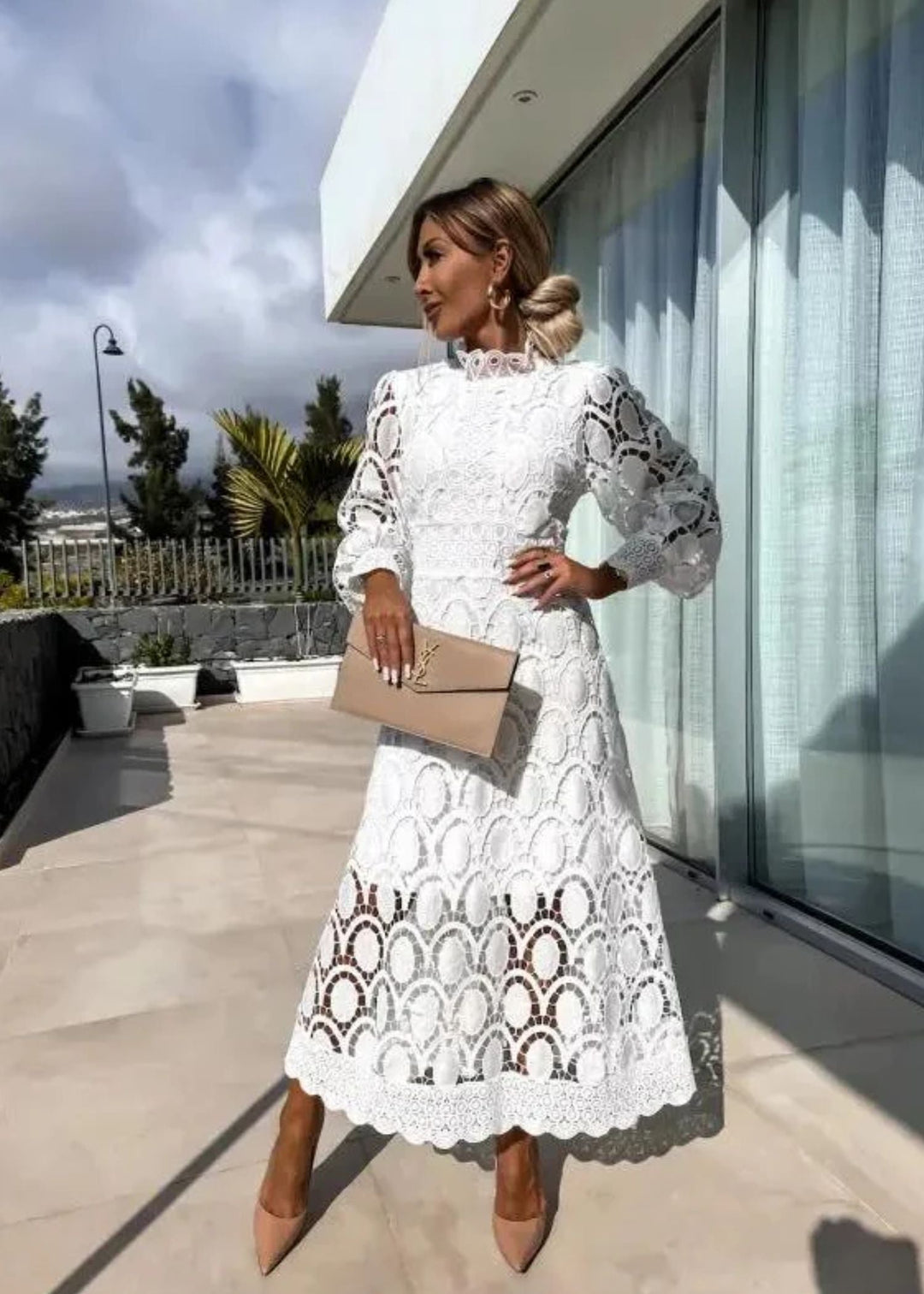 Victorian style women's guilted lace maxi dress, high neck & long puff sleeves, ideal for evening.