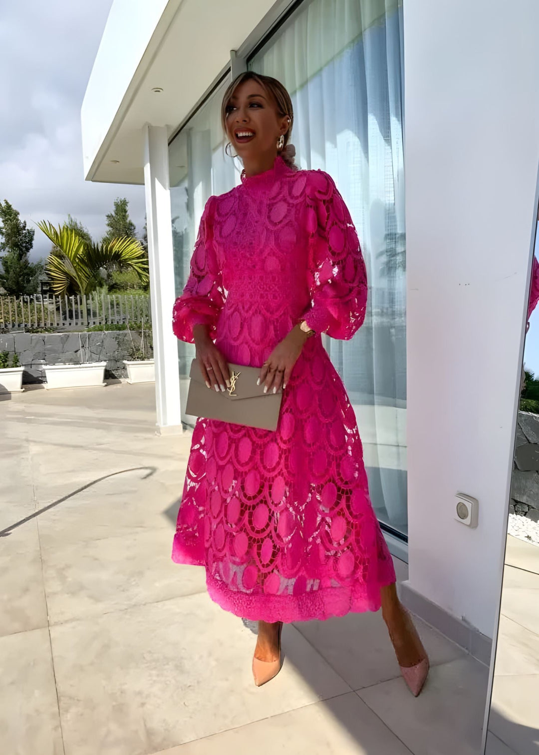 Women's guilted lace maxi dress, high neck, puff long sleeves. Perfect for elegant parties & summer garden events.
