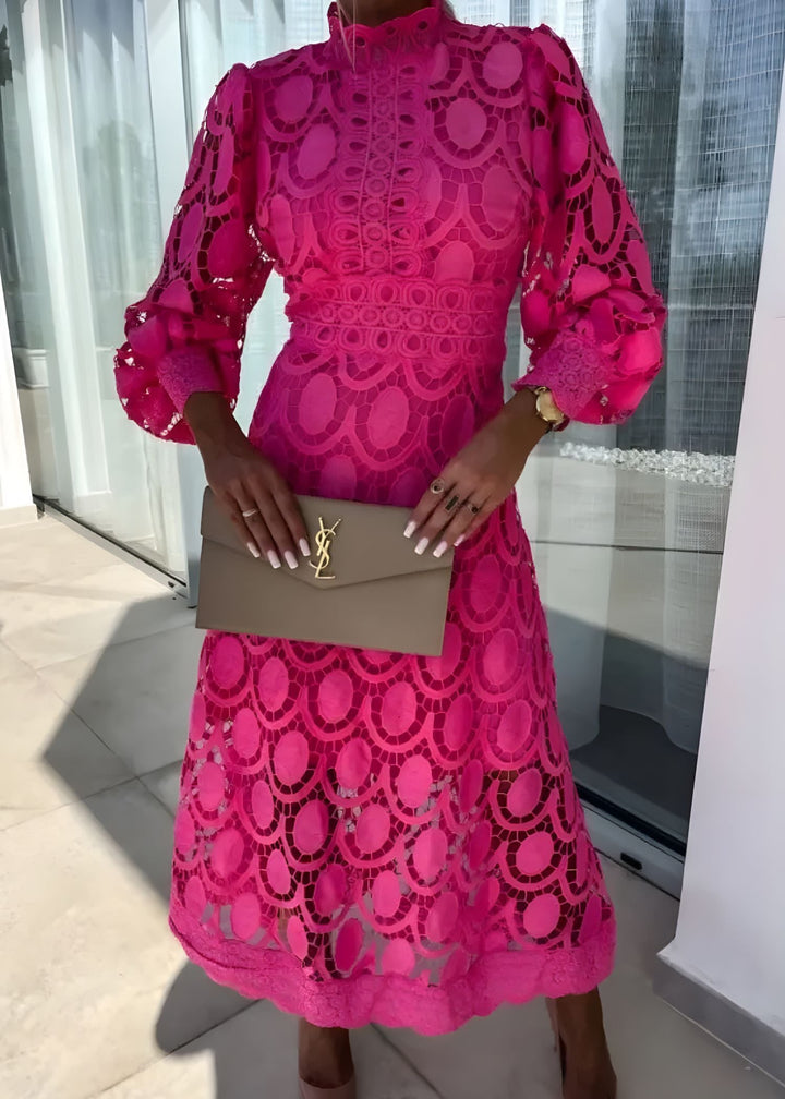 Elegant women's guilted lace A-line maxi dress, high neck, dramatic puff long sleeves. Perfect for parties.
