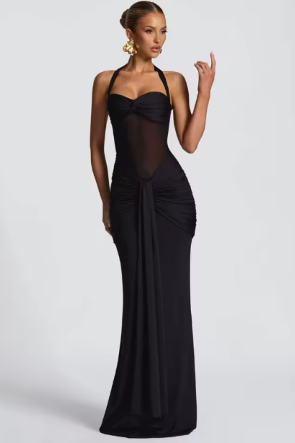 Knot front halter neck ruched bodycon maxi dress. Chic formal evening gown for women's special events.
