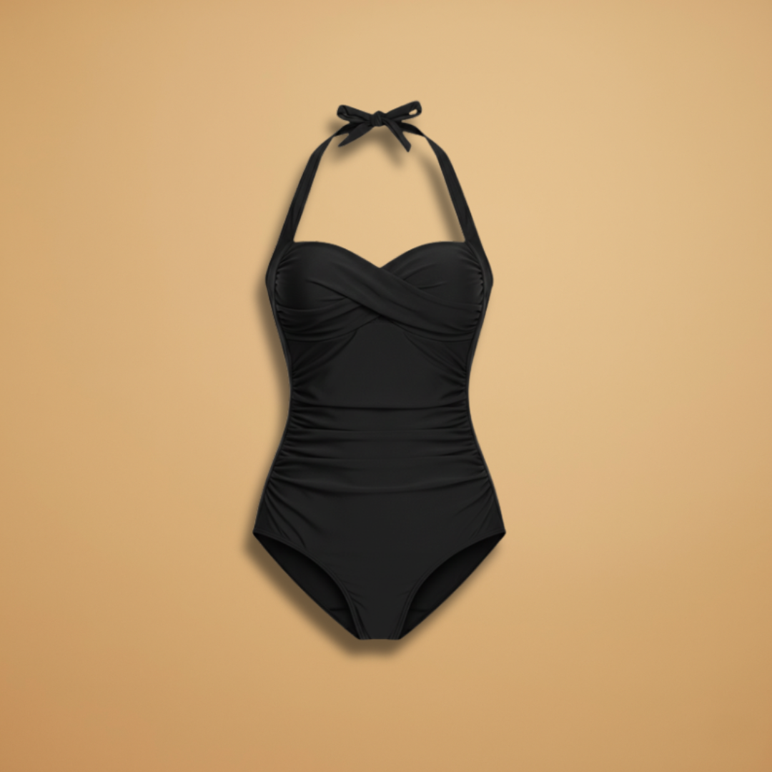 Flattering Women's Halter Twist Front One Piece Swimsuit with ruched tummy control.