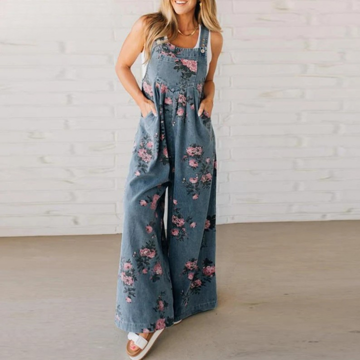 Women's handmade floral print jumpsuit, perfect for summer casual wear or spring vacation outfits. Comfortable one-piece.