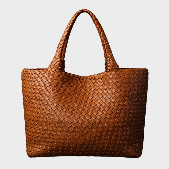 Women's handwoven interlaced leather large tote bag in sienna brown, perfect for everyday carry & essentials.