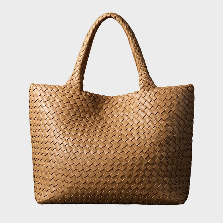 Sienna brown woven leather large tote bag, a sophisticated women's shoulder bag with generous capacity.