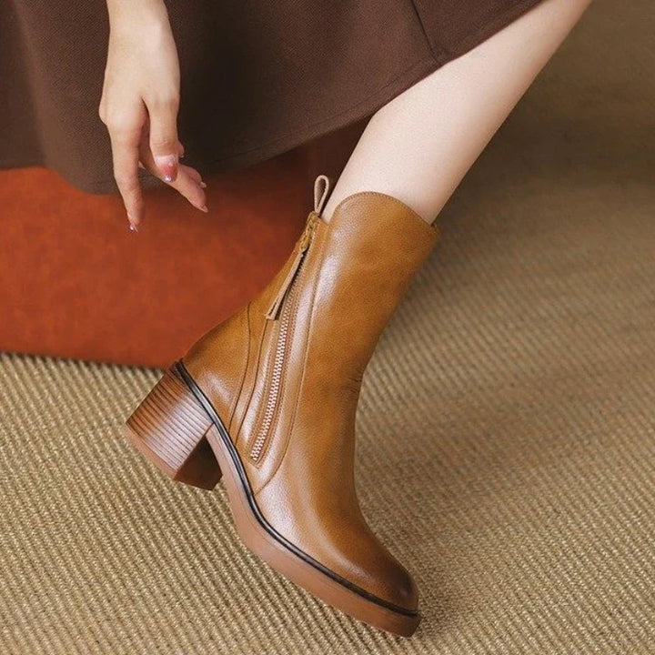 Comfortable women's high heel ankle boots with zipper and shock-absorbing sole for all-day wear.