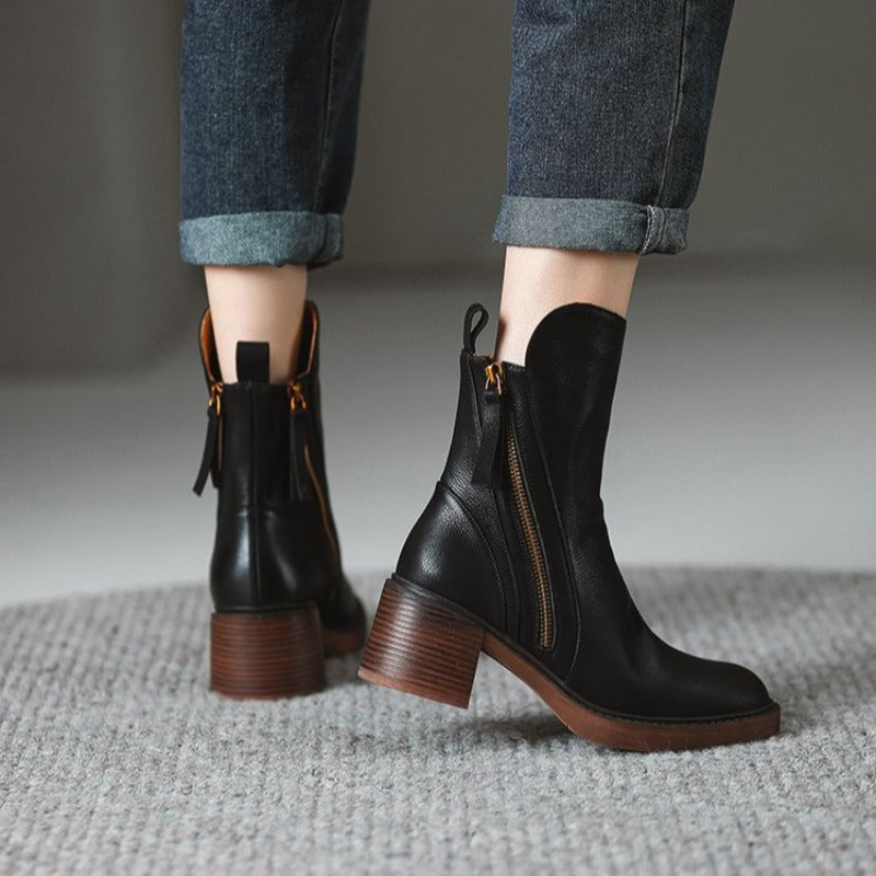 Womens ankle high heel boots, zipper closure, and shock-absorbing sole for comfortable chic style.