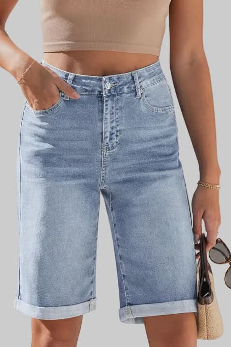 Modern high-rise long shorts for women. Effortless casual wear, great for summer comfort & everyday fashion.