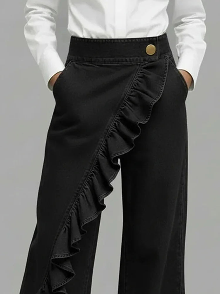 Comfortable women's blue wide leg jeans, high waisted with elegant ruffle details. Casual & stylish.