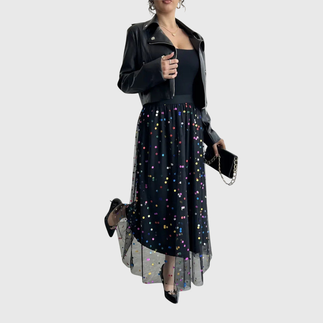 Flowing black sequin midi skirt for women, high-waist with an elegant asymmetric hem, great for parties & evenings.