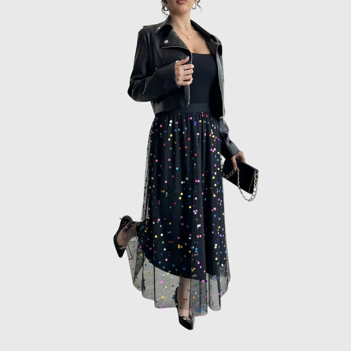 Flowing black sequin midi skirt for women, high-waist with an elegant asymmetric hem, great for parties & evenings.