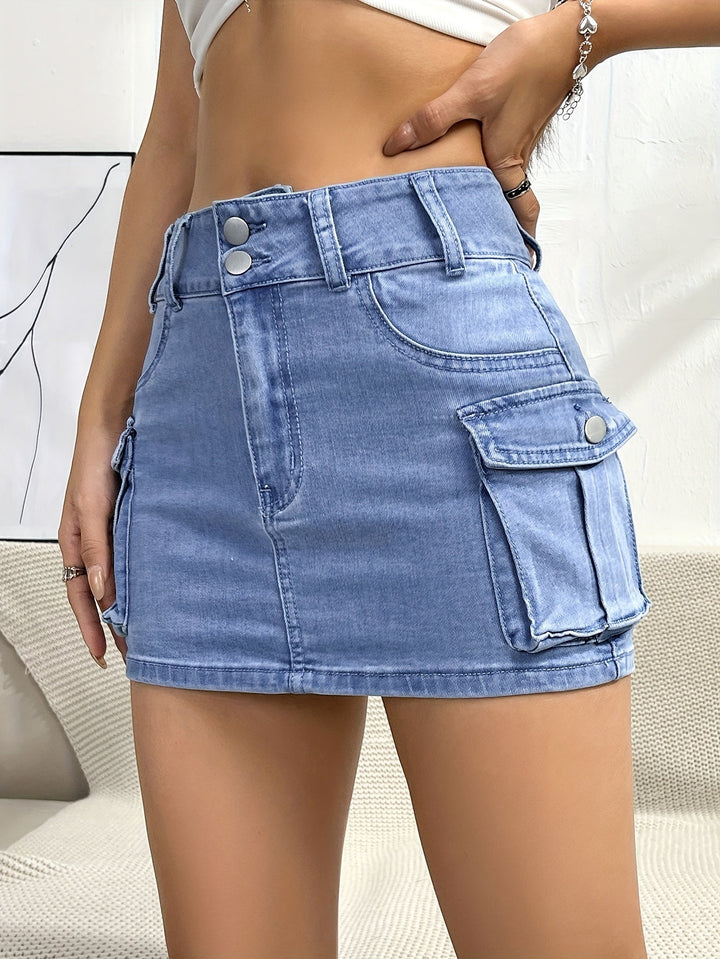 Front view of a women's high waist cargo mini skirt, showcasing its trendy design & street style appeal.