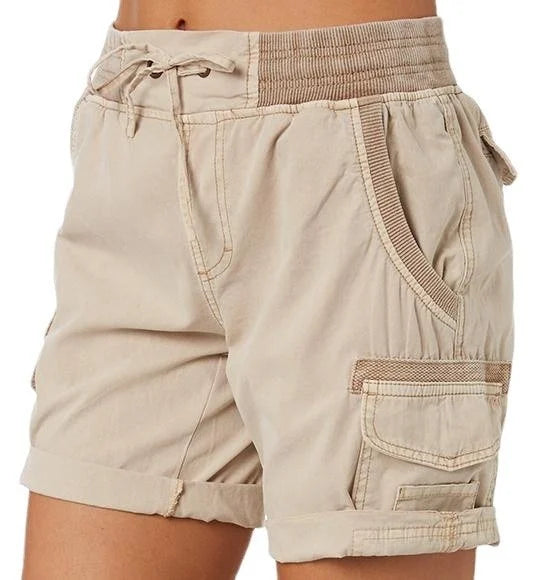 Comfortable women's high waist polyester shorts with drawstring, ideal for casual summer wear.