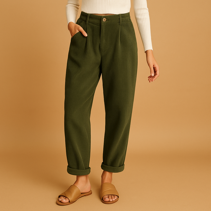 Stylish women's high-waisted corduroy pants, straight leg design, ideal for autumn fashion.