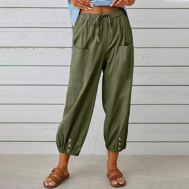 Versatile women's high-waisted drawstring ankle pants, ideal for comfort & style.