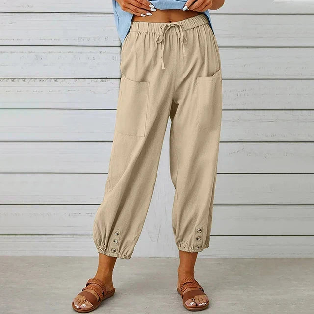 Modern women's high waist drawstring ankle pants, great for a comfortable, stylish look.