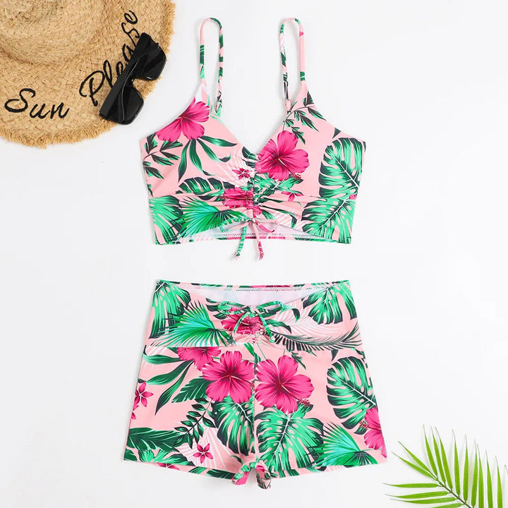 Elegant high-waist floral bikini set, supportive women's swimwear for stylish beach days.