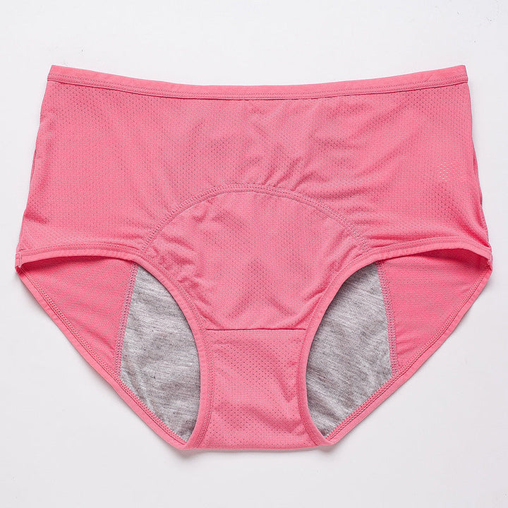 Woman's hand holding up high waist leak proof period panty, showcasing quality and feel