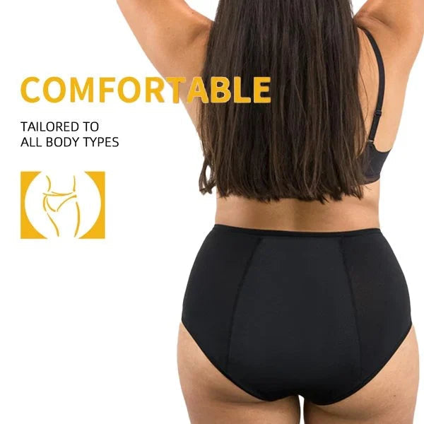 Model demonstrating the secure fit of high waist leak proof period underwear under clothing