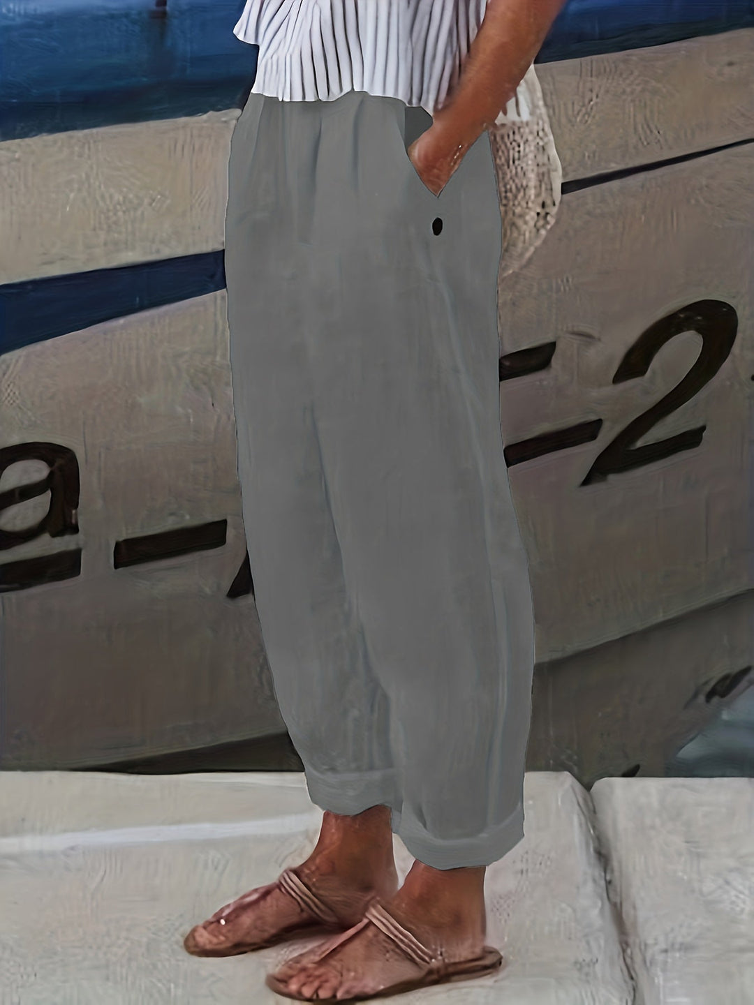 Tapered leg women's relaxed fit high waist summer pants with elasticated waist.