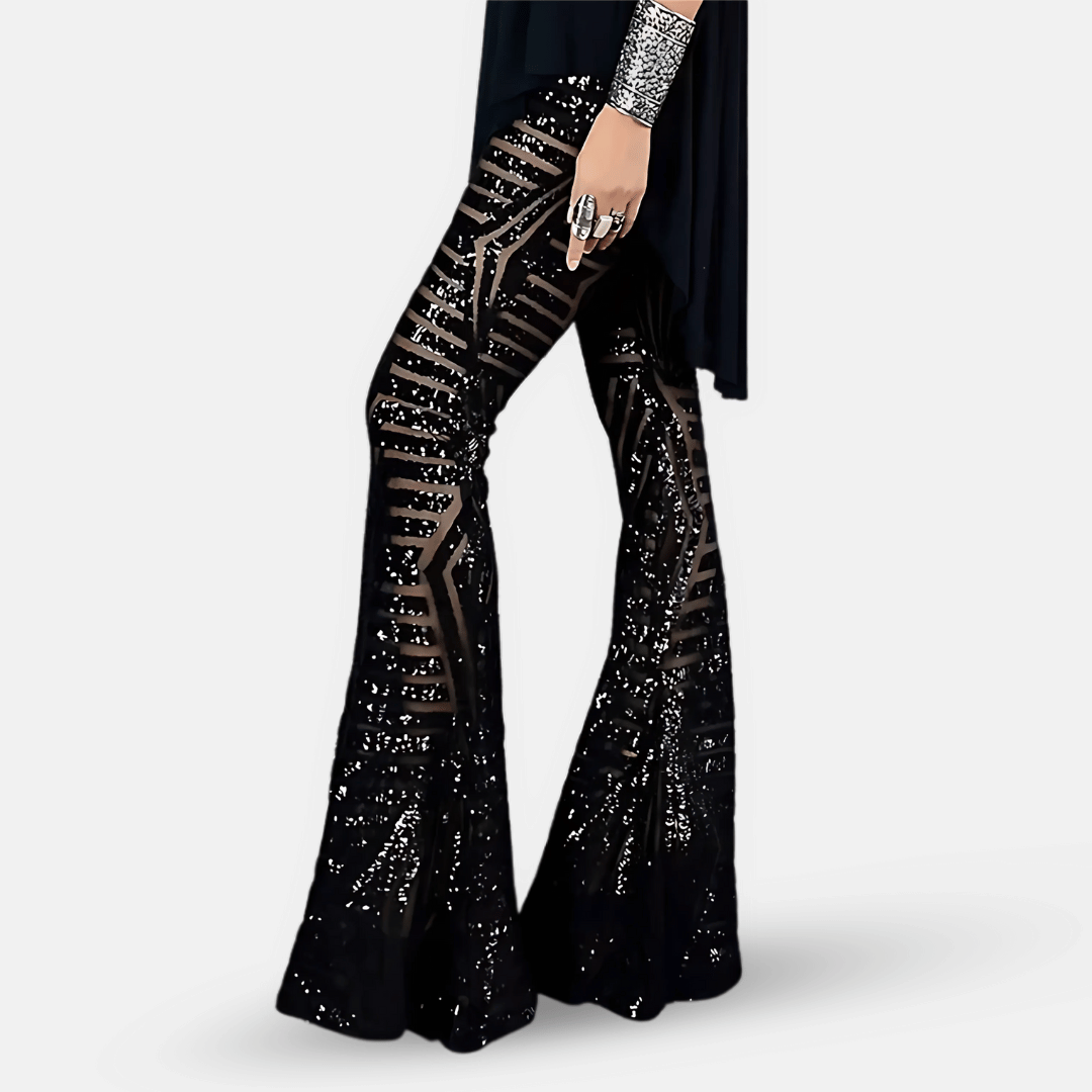 Glamorous women's sequin high-waist flared pants, a stylish choice for night-out and summer fashion.