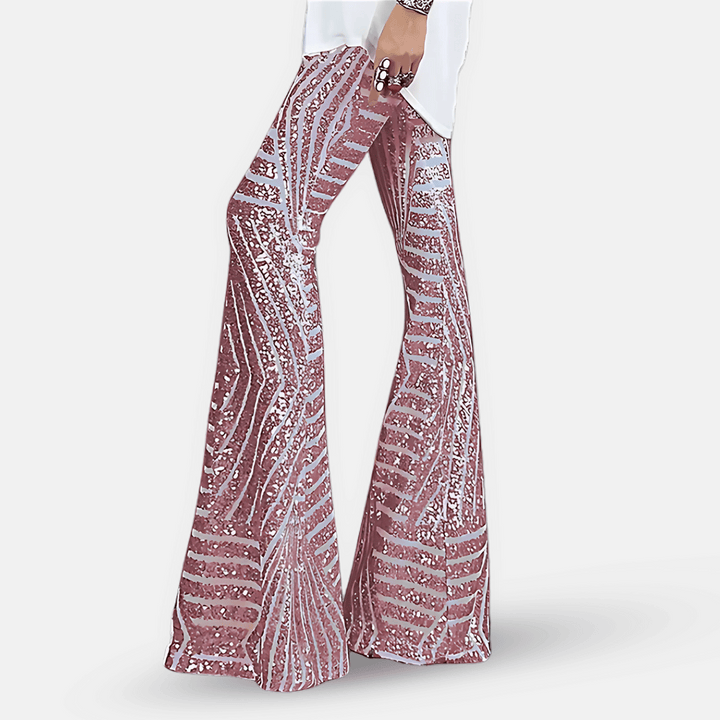 Trendy women's sequin high-waist flared pants, great for festival style, partywear & glamorous streetwear.