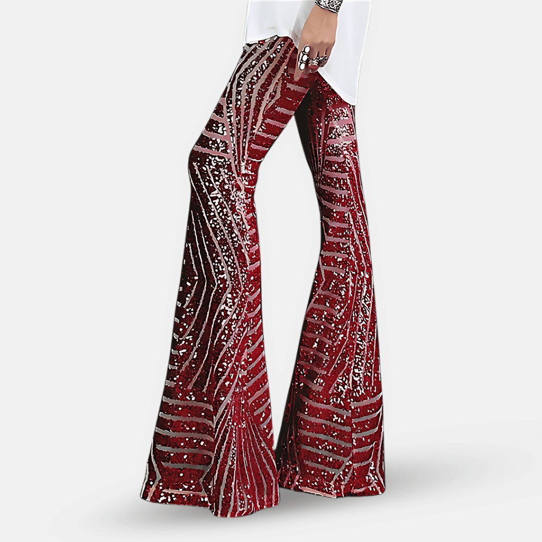 Chic sequin high-waist flare pants for women, ideal for glamorous night-out outfits & festival vibes.