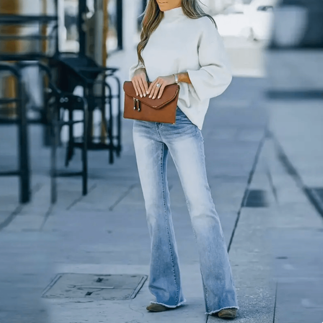 Comfortable women's high-waisted straight leg jeans, versatile for everyday fashion and apparel.