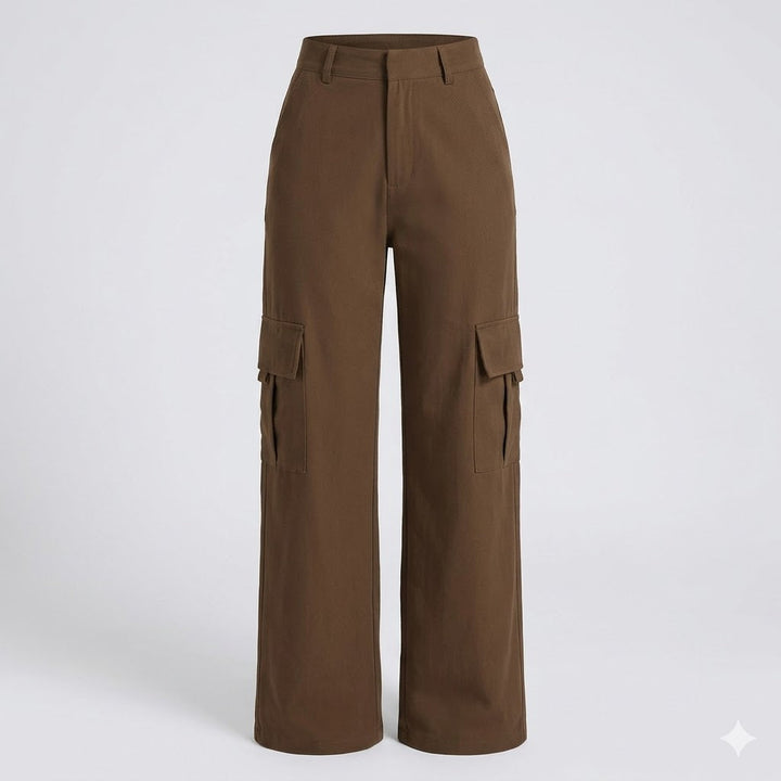 Trendy women's wide leg cargo pants with a high waist and utility pockets for everyday wear.
