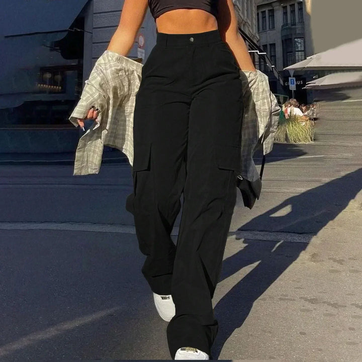 Women's relaxed fit wide leg cargo pants with a flattering high waist, perfect for street style.