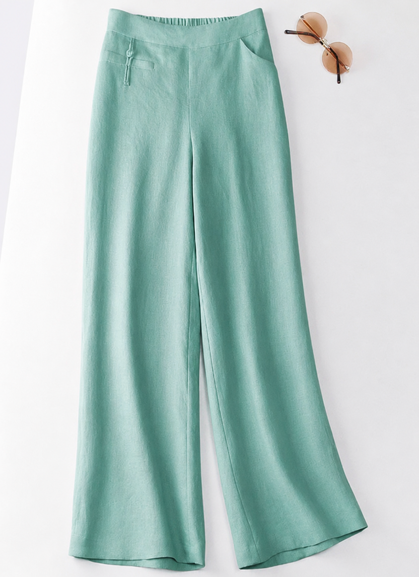 Women's high waist wide leg casual pants. Comfortable, loose fit summer trousers with elastic waist & pockets.